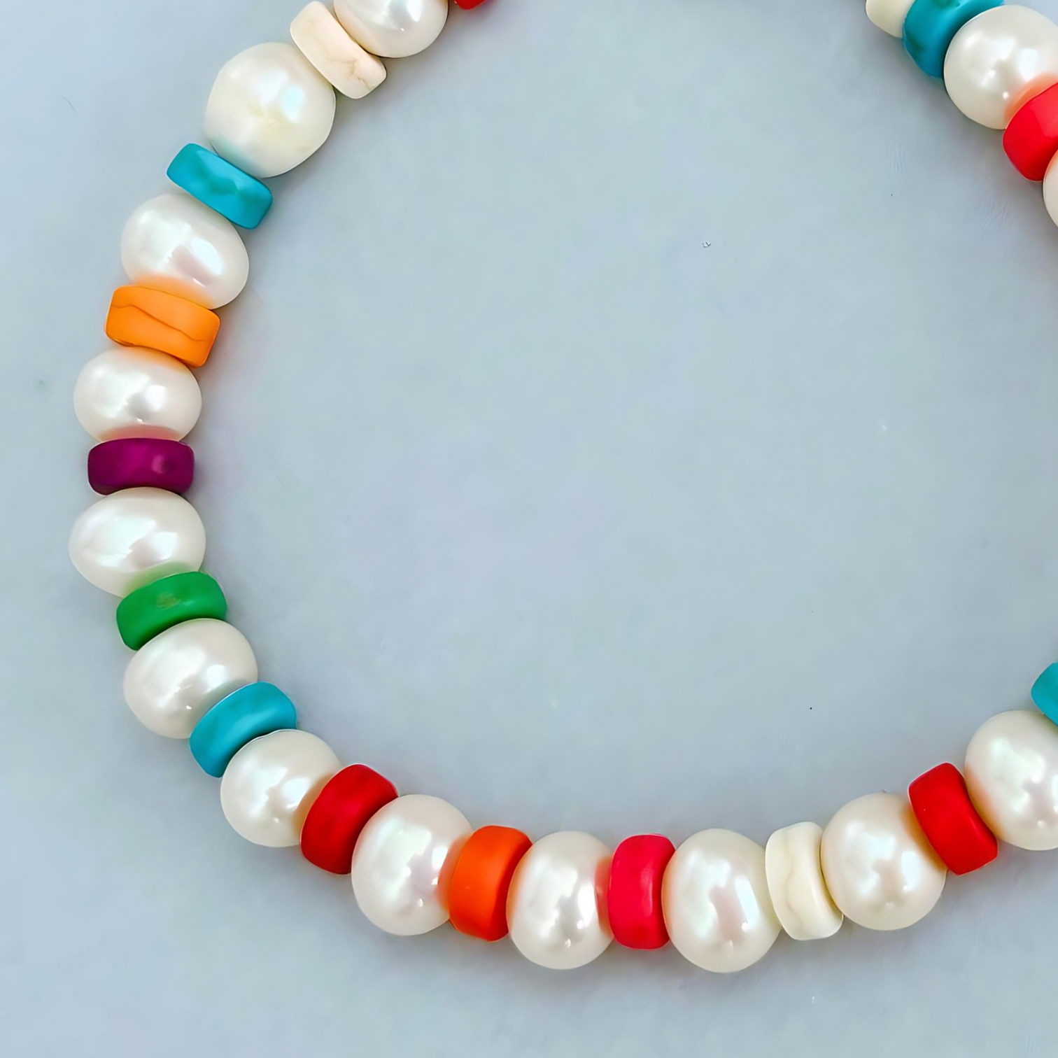 A grown-up version of the candy bracelets made with cultured white pearls and colourful howlite discs. The Le BijouBijou Candy Bracelet. Close-up